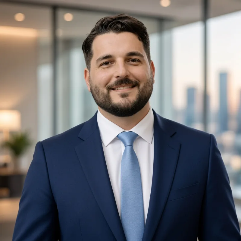 Ben Snyder, smiling, in a navy suit and light blue tie